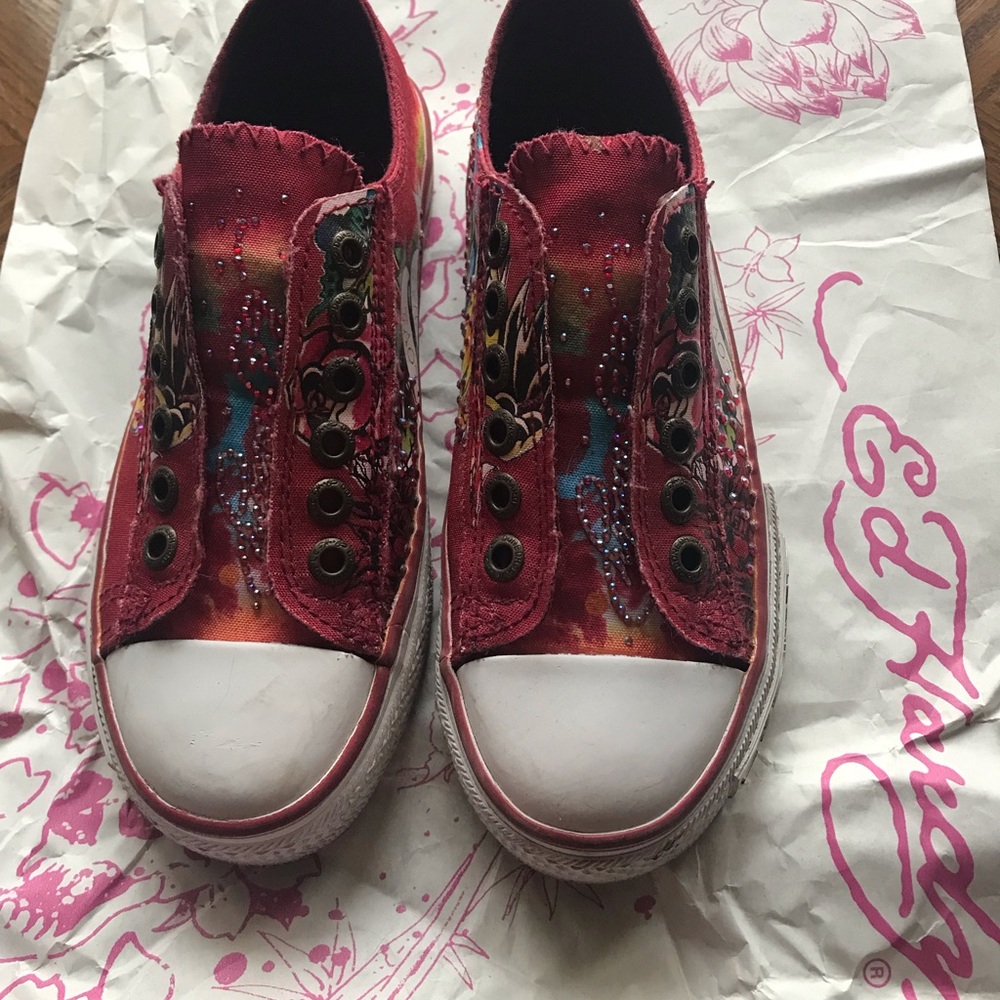 Ed Hardy Red Multicolor Women Canvas Sneakers - Picture 5 of 9